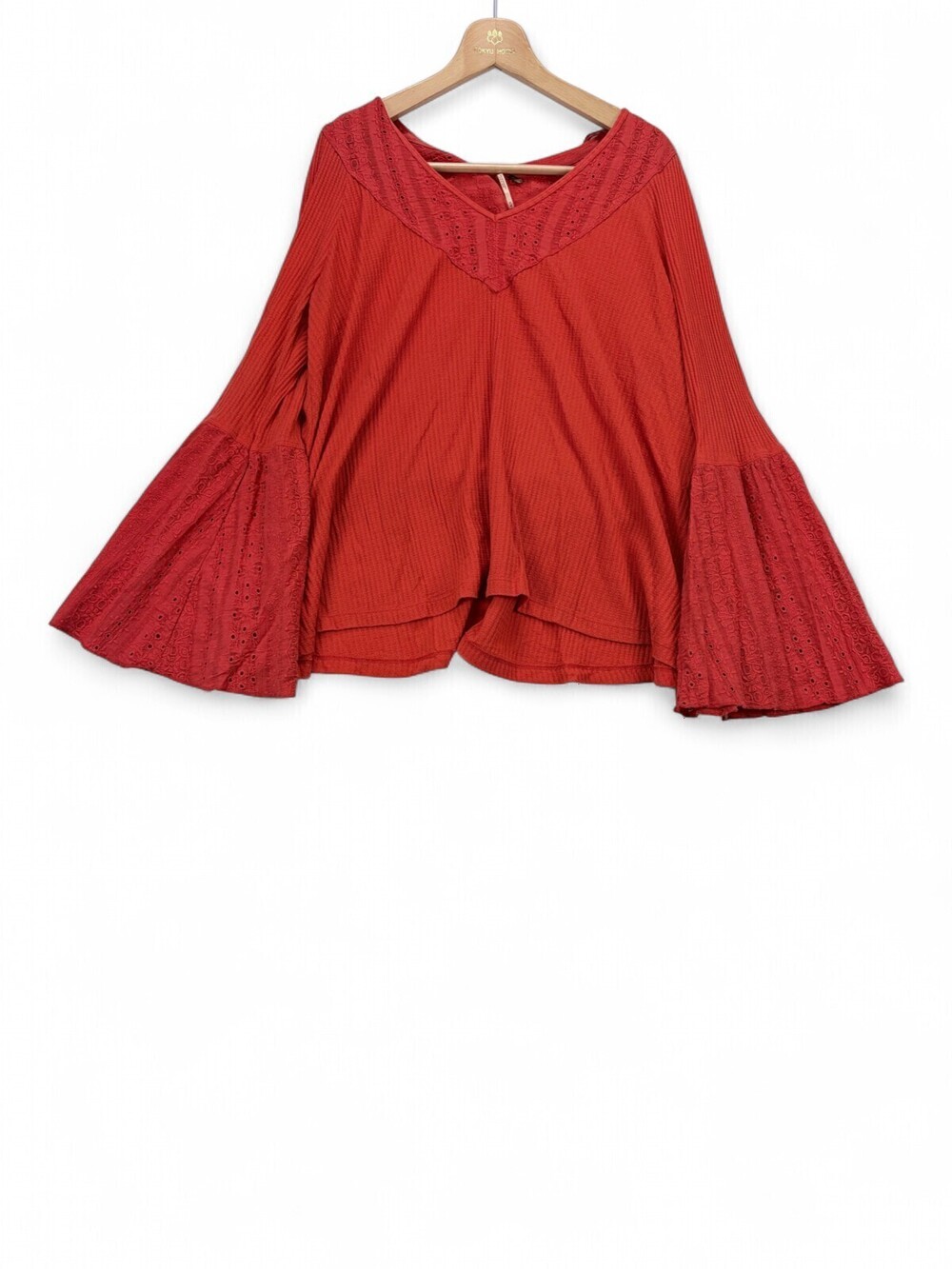 Free People Bell-Sleeve V-Neck Top Size M Burnt Orange